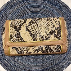 Loft snake print clutch bag with yellow trim